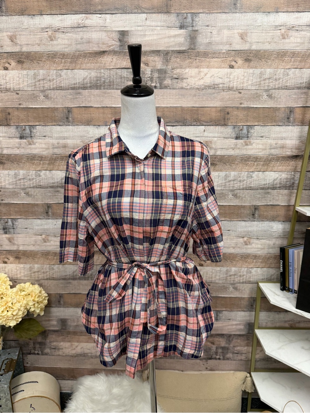 Trovata Peach and Navy Plaid Tie-Waist Button Shirt